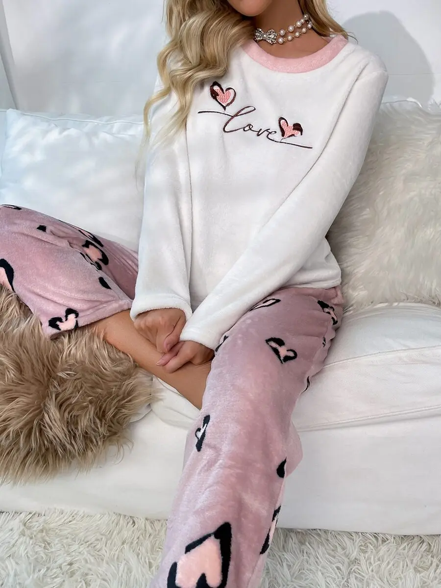 Womens Heart And Letter Embroidered Long Sleeve Flannel Pajama Set
Womens Heart And Letter Embroidered Long Sleeve Flannel Pajama Set