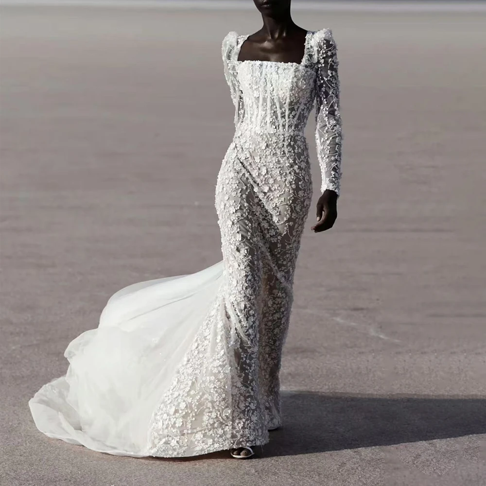 Elegant Square Neck Wedding Dress 2025 Long Sleeve Lace Appliqué Bride Gown Mermaid Formal Bridal Dress with Train Customized
Elegant Square Neck Wedding Dress 2025 Long Sleeve Lace Appliqué Bride Gown Mermaid Formal Bridal Dress with Train Customized