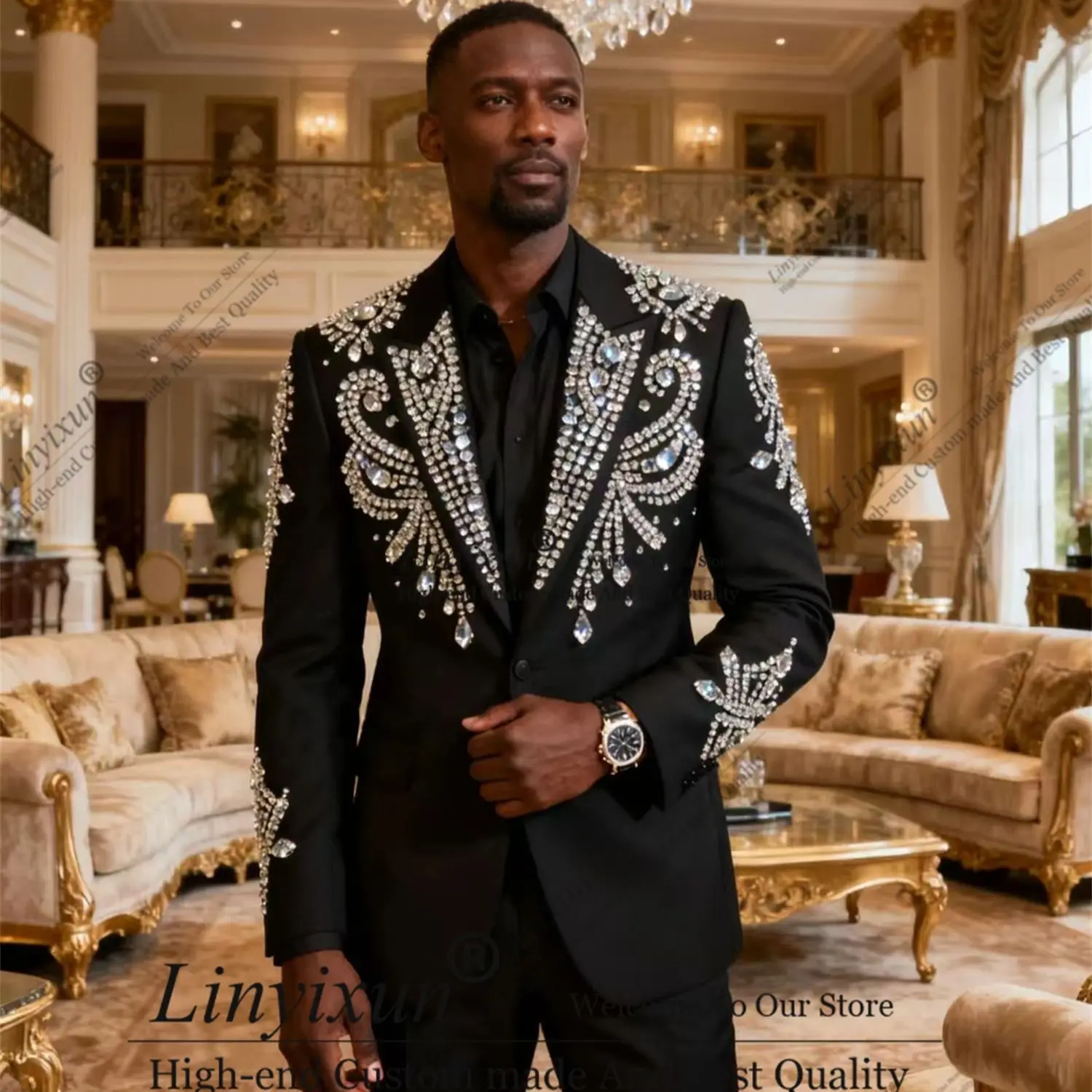 Unique Rhinestones Gem Men Suits Customized Slim Fit Wedding Tuxedos 2 Pieces Sets Groom Male Blazers Fashion Ropa hombre
Unique Rhinestones Gem Men Suits Customized Slim Fit Wedding Tuxedos 2 Pieces Sets Groom Male Blazers Fashion Ropa hombre