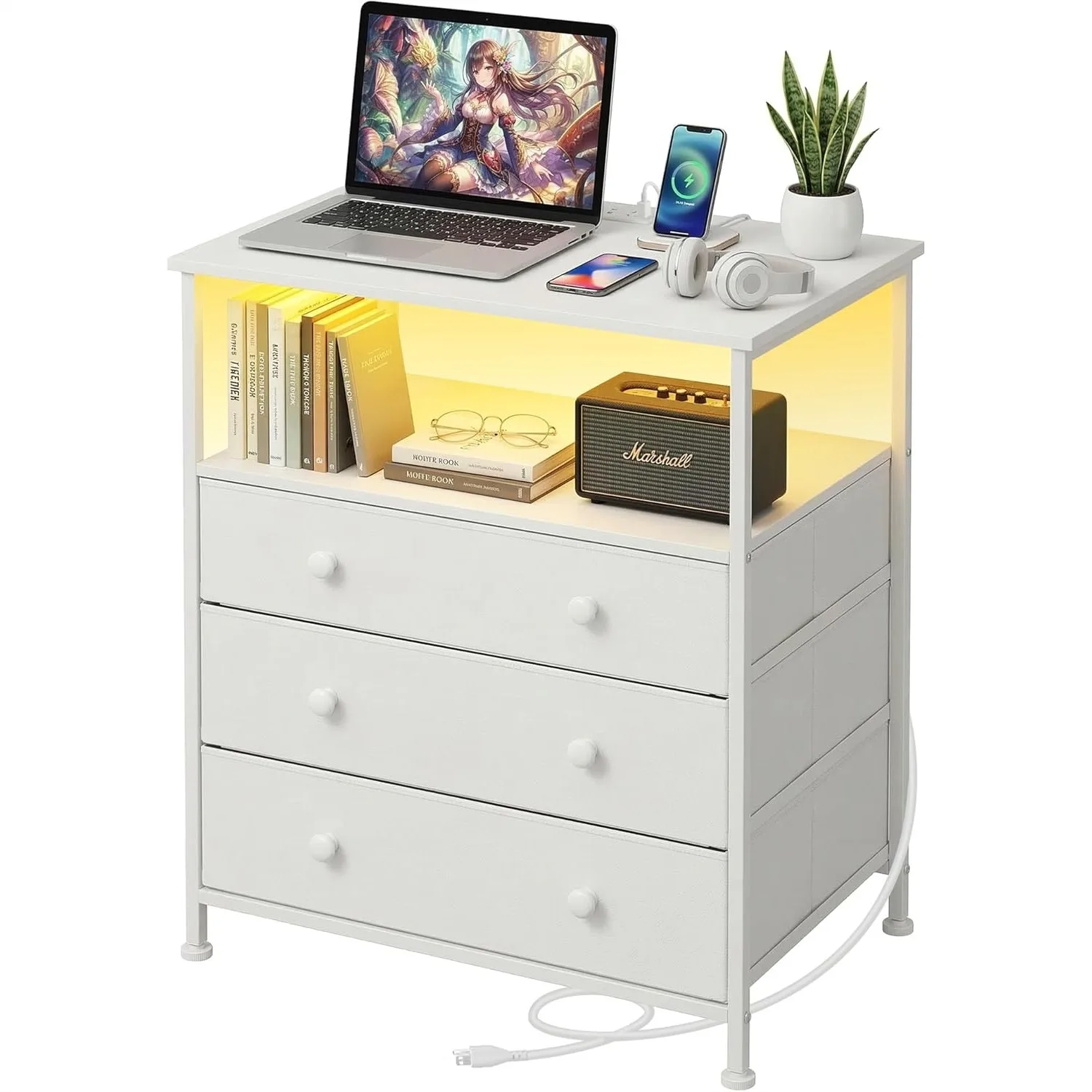 3 Drawers Dresser with Charging Station, 24 Inch Wide LED Night Stand with Adjustable Fabric Drawer, Storage Shelf for Living
3 Drawers Dresser with Charging Station, 24 Inch Wide LED Night Stand with Adjustable Fabric Drawer, Storage Shelf for Living