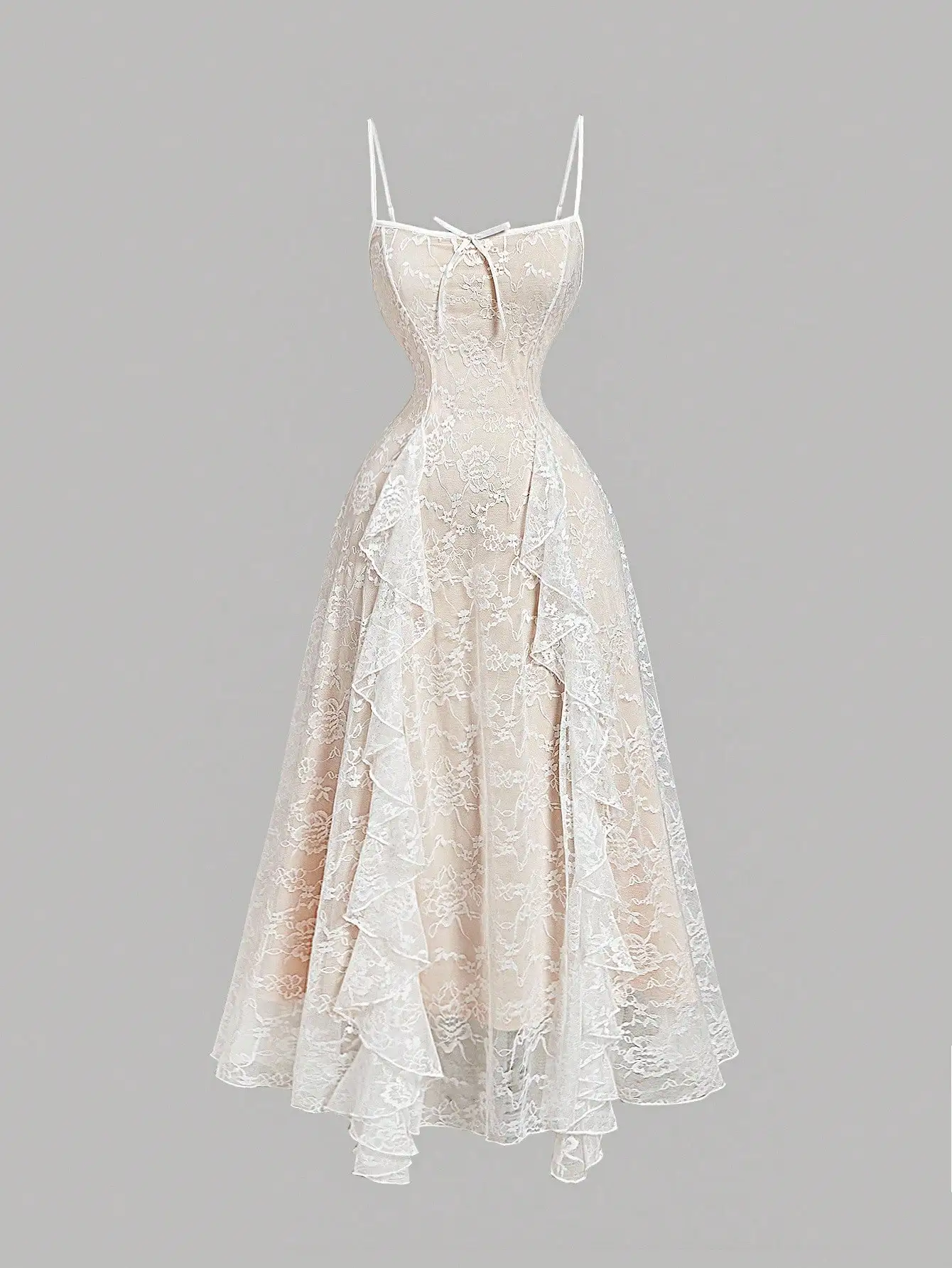 Elegant Lace Slip Dress with Ruffle Layers and Bow Detail, A-Line Midi
Elegant Lace Slip Dress with Ruffle Layers and Bow Detail, A-Line Midi