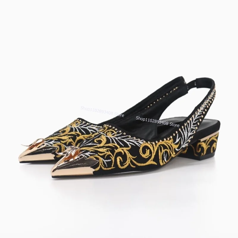 Metal Pointed Toe Embroidery Pattern Sandals Women Summer Shallow Kitten Heels Empty Back Pumps Dress Shoes Zapatillas Mujer
Metal Pointed Toe Embroidery Pattern Sandals Women Summer Shallow Kitten Heels Empty Back Pumps Dress Shoes Zapatillas Mujer
