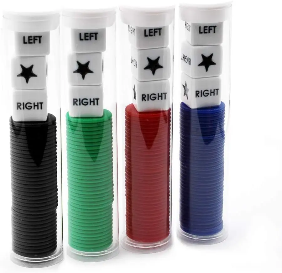 Набор для игры в кости Left Right Center: 3 кости, 36 фишек - 4 упаковки в ассортиментных цветах
Набор для игры в кости Left Right Center: 3 кости, 36 фишек - 4 упаковки в ассортиментных цветах