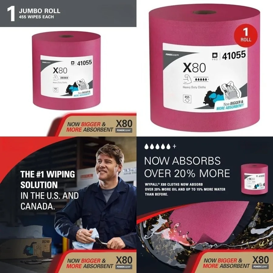 X80 Cloths Heavy Duty Wipes (41055), Jumbo, Extended Use Towels, Red (1 Roll of 455 Sheets, 455 Sheet Total) Heavy duty cleaning wipes that absorb more water and oil then textile shop rags and stay strong for cleaning performance.
X80 Cloths Heavy Duty Wipes (41055), Jumbo, Extended Use Towels, Red (1 Roll of 455 Sheets, 455 Sheet Total) Heavy duty cleaning wipes that absorb more water and oil then textile shop rags and stay strong for cleaning performance.