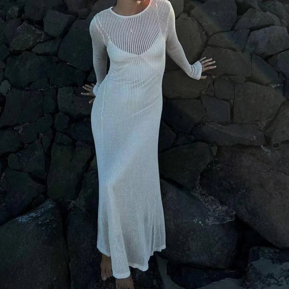 Summer Sexy Mesh Beach Holiday Long Dress Fashion Knitted Hollow Round Neck Dress Women Pullover Long Sleeved A Line Skirt
Summer Sexy Mesh Beach Holiday Long Dress Fashion Knitted Hollow Round Neck Dress Women Pullover Long Sleeved A Line Skirt