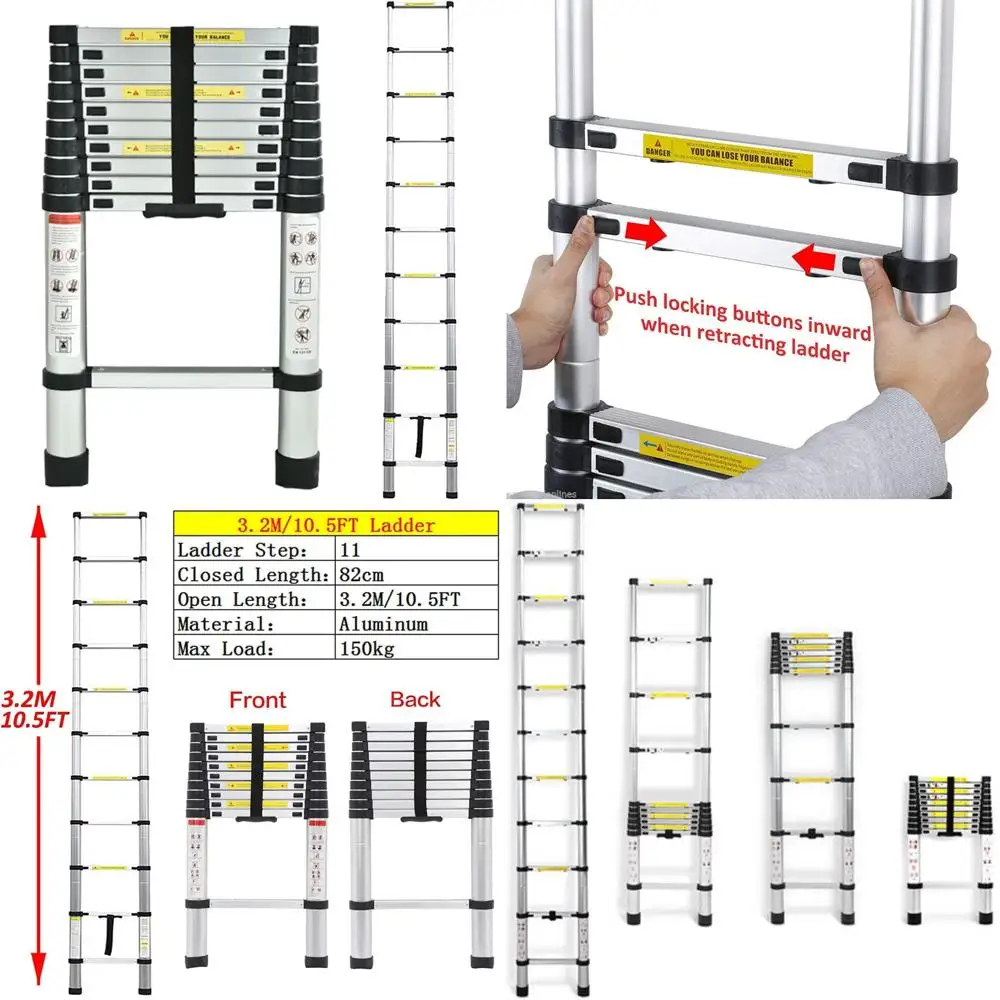 Aluminum Telescoping Loft Ladder 10.5ft 330lb Capacity for Attic, RV, Roof, Home Office Use - Lightweight and Easy to Handle
Aluminum Telescoping Loft Ladder 10.5ft 330lb Capacity for Attic, RV, Roof, Home Office Use - Lightweight and Easy to Handle