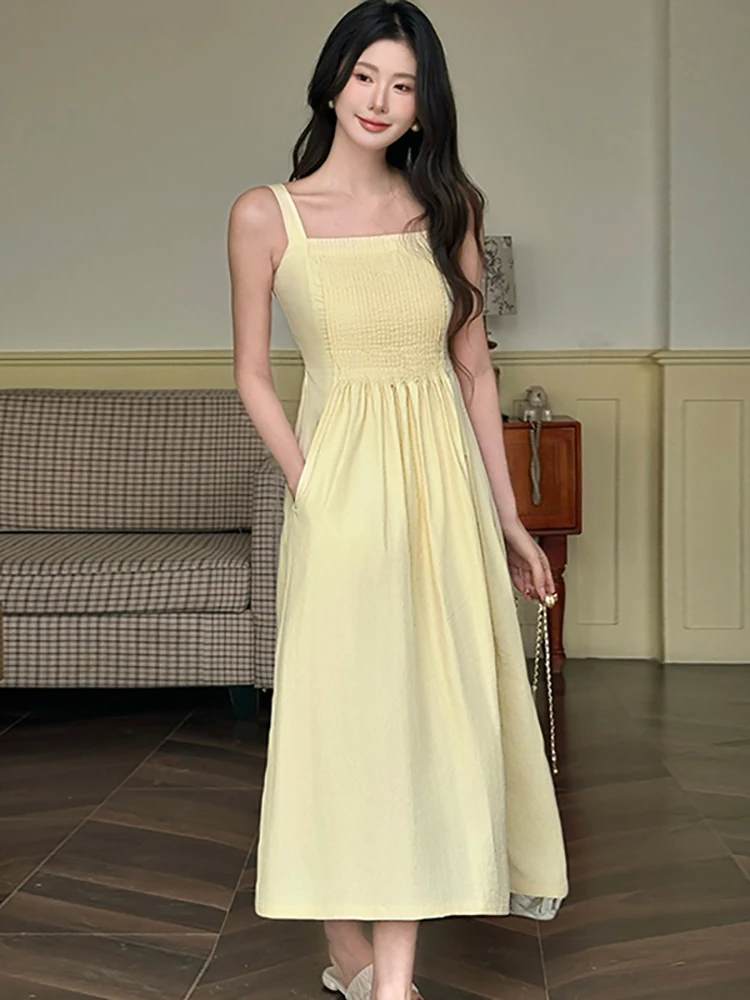 2025 New Solid Pleated Bodycon Sqaure Collar Sling Sexy Long Dress Summer Elegant Casual Home Dress Women Korean Fashion Dresses
2025 New Solid Pleated Bodycon Sqaure Collar Sling Sexy Long Dress Summer Elegant Casual Home Dress Women Korean Fashion Dresses