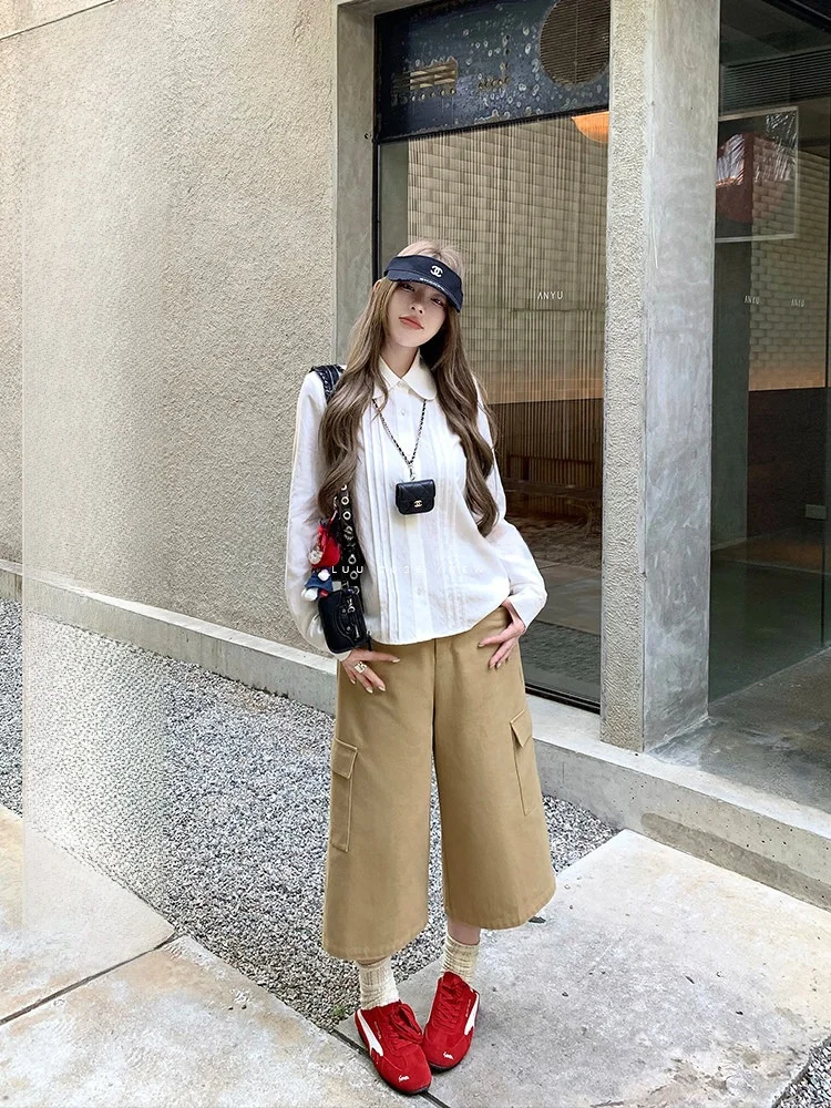 Pure Cotton Casual Wide Leg Seven Inch Work Trousers for Women Spring Autumn Loose Design Slimming Pants High Waist Zipper
Pure Cotton Casual Wide Leg Seven Inch Work Trousers for Women Spring Autumn Loose Design Slimming Pants High Waist Zipper