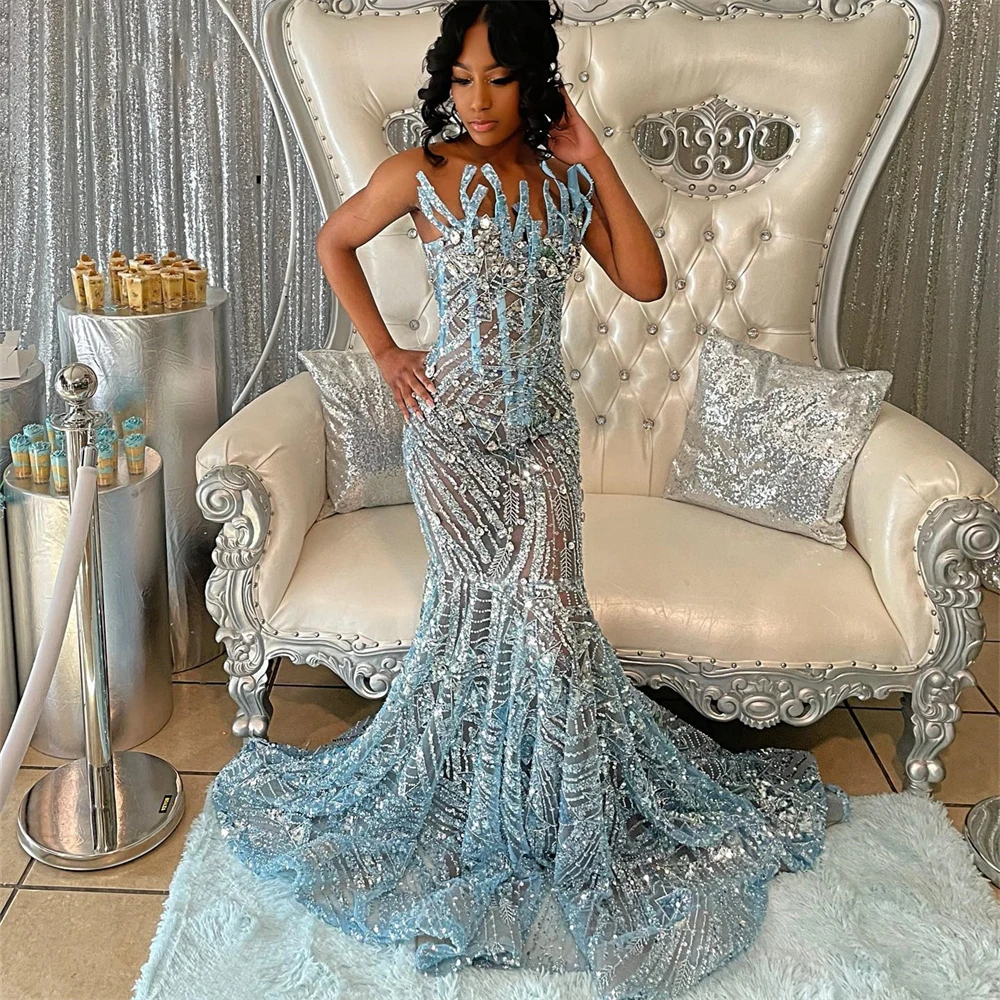 Sexy Beaded Sky Blue Prom Dress Strapless Illusion See Through Evening Gown With Crystals Mermaid Women Formal Occasion Dresses
Sexy Beaded Sky Blue Prom Dress Strapless Illusion See Through Evening Gown With Crystals Mermaid Women Formal Occasion Dresses