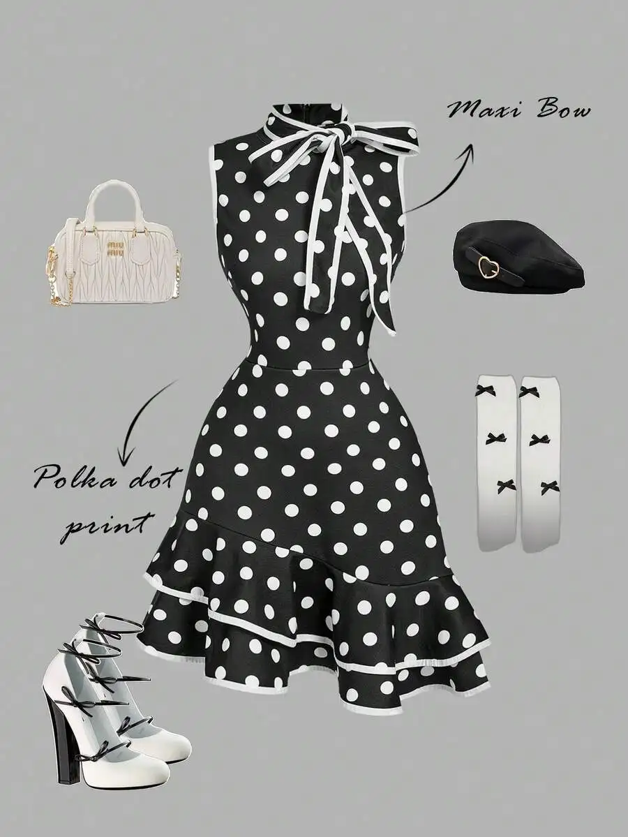 Black And White Polka Dot Bow Tie Ruffle Hem Mini Dress
Black And White Polka Dot Bow Tie Ruffle Hem Mini Dress