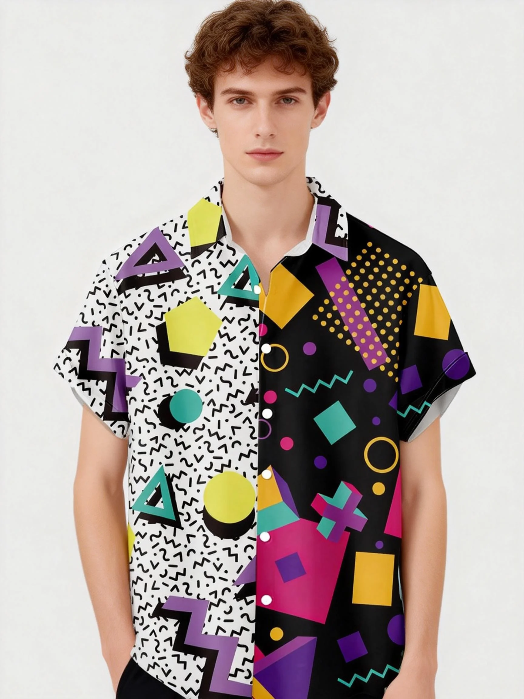 Men's Contrast Color Block Shirt Summer Memphis Geometric Print Short Sleeve Button Up Holiday Beach Vacation Top
Men's Contrast Color Block Shirt Summer Memphis Geometric Print Short Sleeve Button Up Holiday Beach Vacation Top
