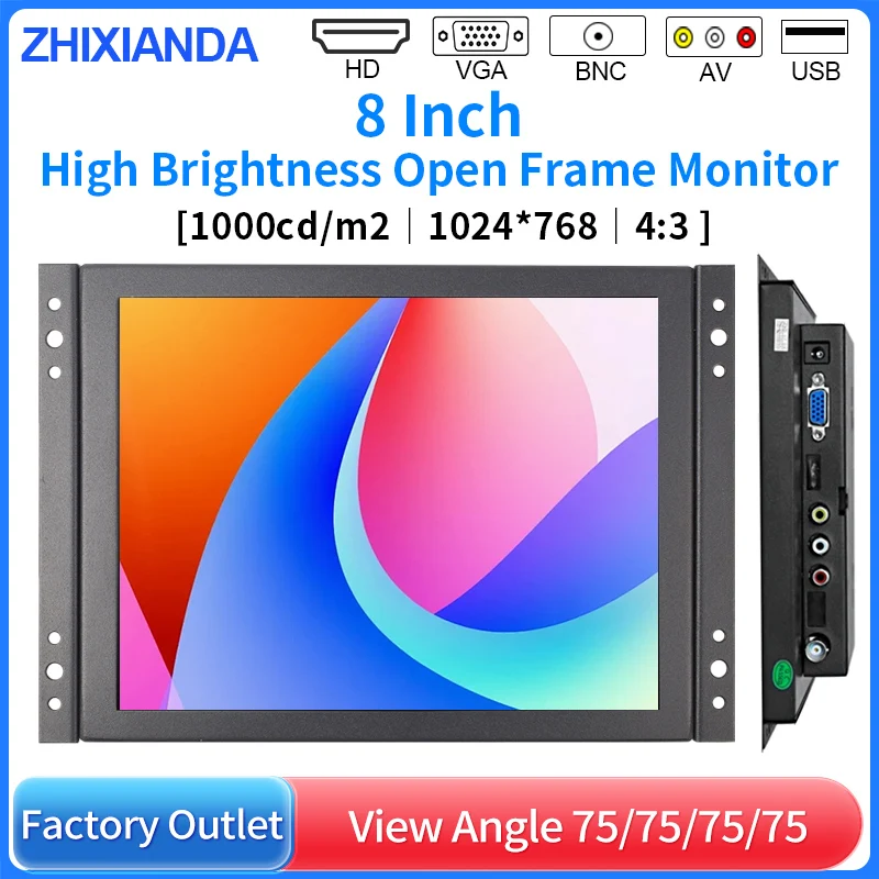 8 Inch High Brightness 1000Nits 1024*768 Industrial Touch Screen Monitor Sunlight Readable With HDMI VGA BNC AV USB Interface
8 Inch High Brightness 1000Nits 1024*768 Industrial Touch Screen Monitor Sunlight Readable With HDMI VGA BNC AV USB Interface
