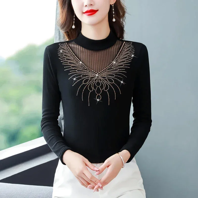 Women Clothing Long Sleeve Stylish Slim T-shirt Spring Pullovers Diamonds Elegant Hollow Out Tshirt Female High-end Solid Tops
Women Clothing Long Sleeve Stylish Slim T-shirt Spring Pullovers Diamonds Elegant Hollow Out Tshirt Female High-end Solid Tops