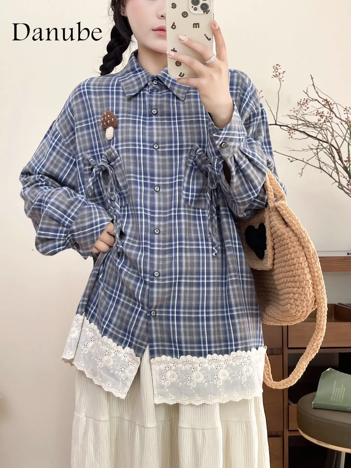 Vintage Lace Patchwork Blue Plaid Shirts Women Elegant Lapel Long Sleeve Shirts And Blouses Japanese Mori Girl Cotton Linen Tops
Vintage Lace Patchwork Blue Plaid Shirts Women Elegant Lapel Long Sleeve Shirts And Blouses Japanese Mori Girl Cotton Linen Tops