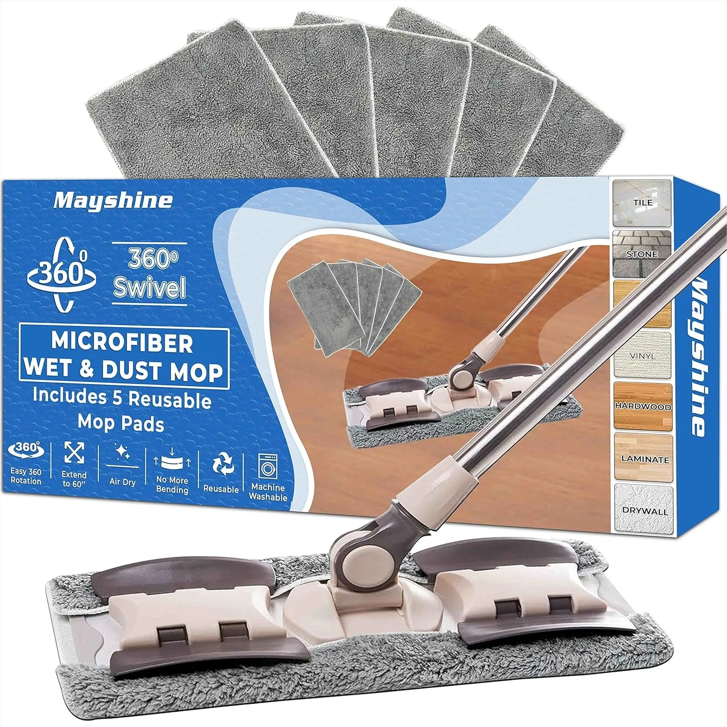 Microfiber Hardwood Floor Wet Dry Dust Mop with 5 Reusable Pads, 360 Spin System for Wood Tile Laminate, 60" Extendable
Microfiber Hardwood Floor Wet Dry Dust Mop with 5 Reusable Pads, 360 Spin System for Wood Tile Laminate, 60" Extendable