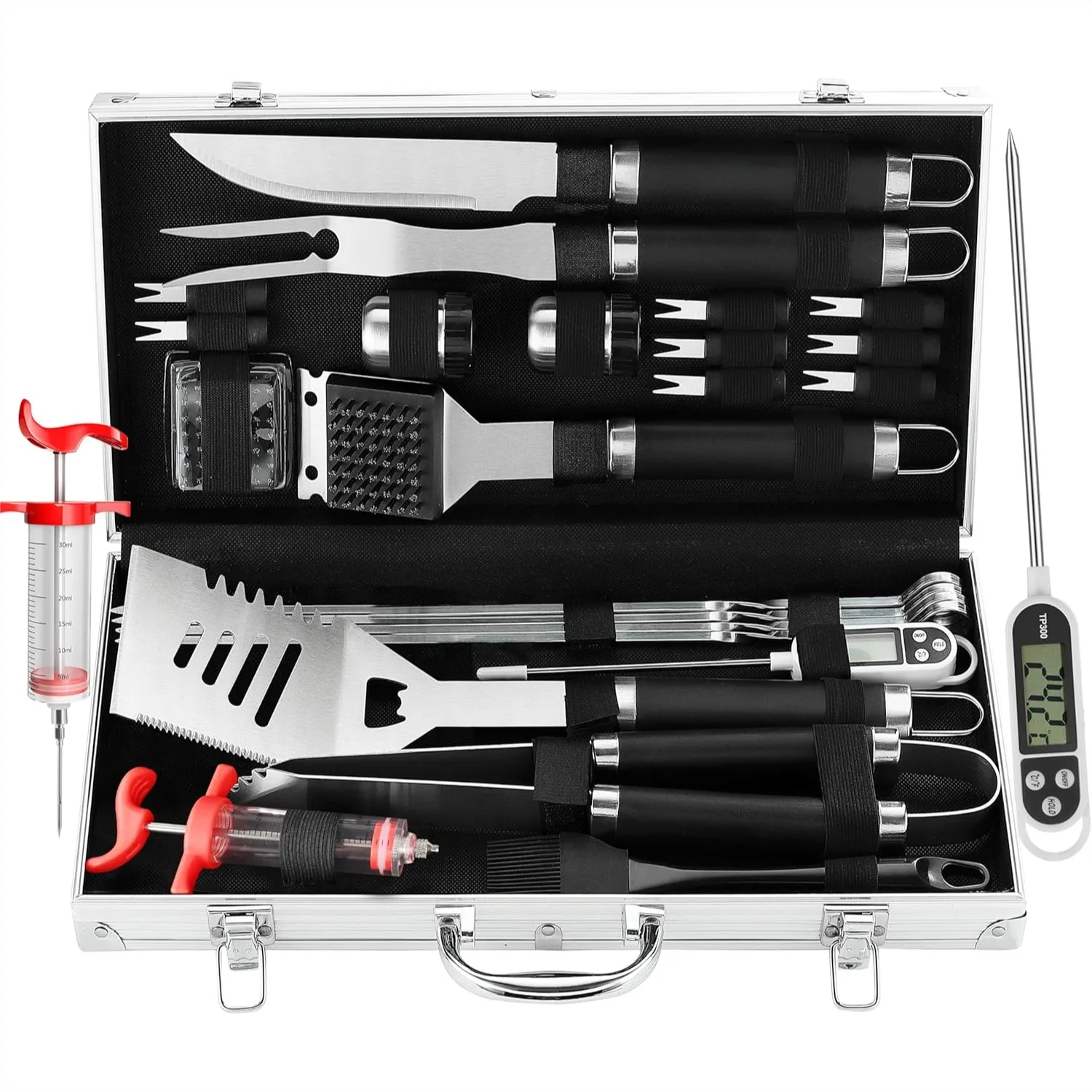 24PCS BBQ Grill Tools Set with Meat Thermometer and Injector, Extra Thick Stainless Steel Fork Spatula Tongs, Complete BBQ
24PCS BBQ Grill Tools Set with Meat Thermometer and Injector, Extra Thick Stainless Steel Fork Spatula Tongs, Complete BBQ