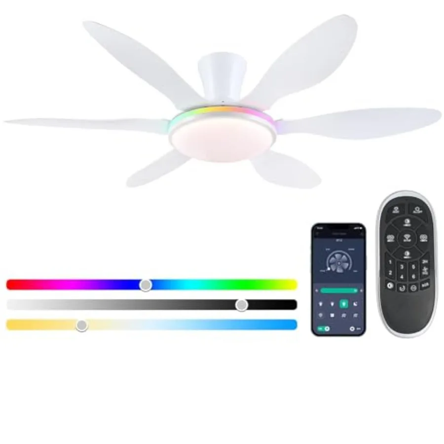 Ceiling Fans with Lights for indoor/outdoor patio use, white low profile flush mount DC reversible fan with RGB LED light, 51 i
Ceiling Fans with Lights for indoor/outdoor patio use, white low profile flush mount DC reversible fan with RGB LED light, 51 i