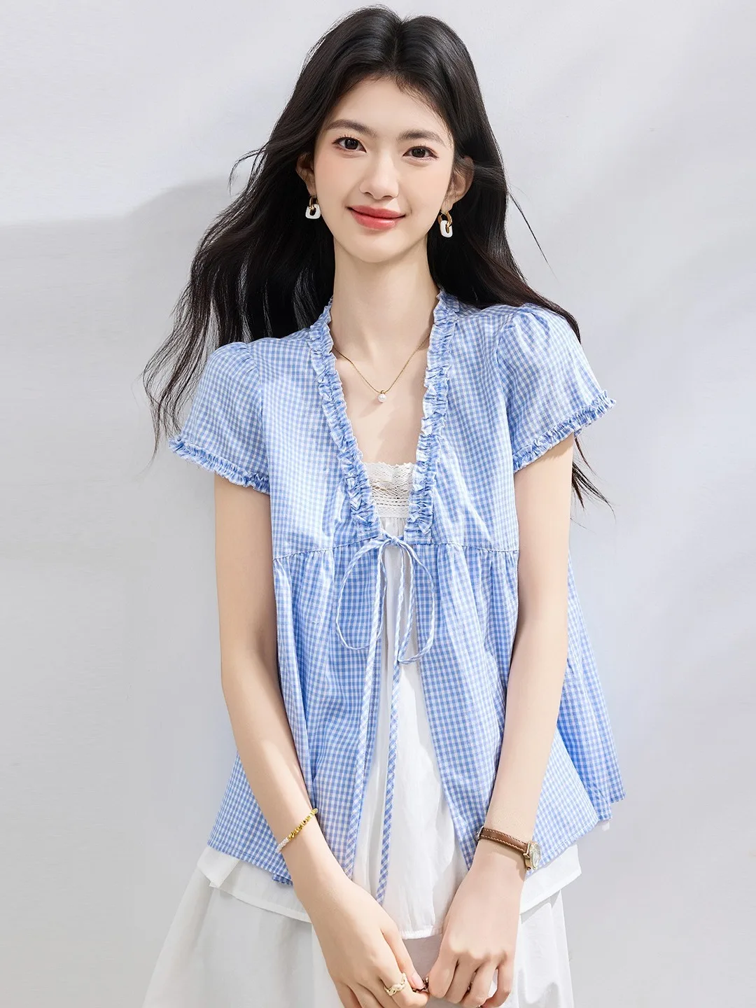 Slimming Plaid Short Sleeve Shirt Fake Two-Piece Doll Style Summer New Women's Fashionable Cover-Up Shirt Polyester Fiber
Slimming Plaid Short Sleeve Shirt Fake Two-Piece Doll Style Summer New Women's Fashionable Cover-Up Shirt Polyester Fiber
