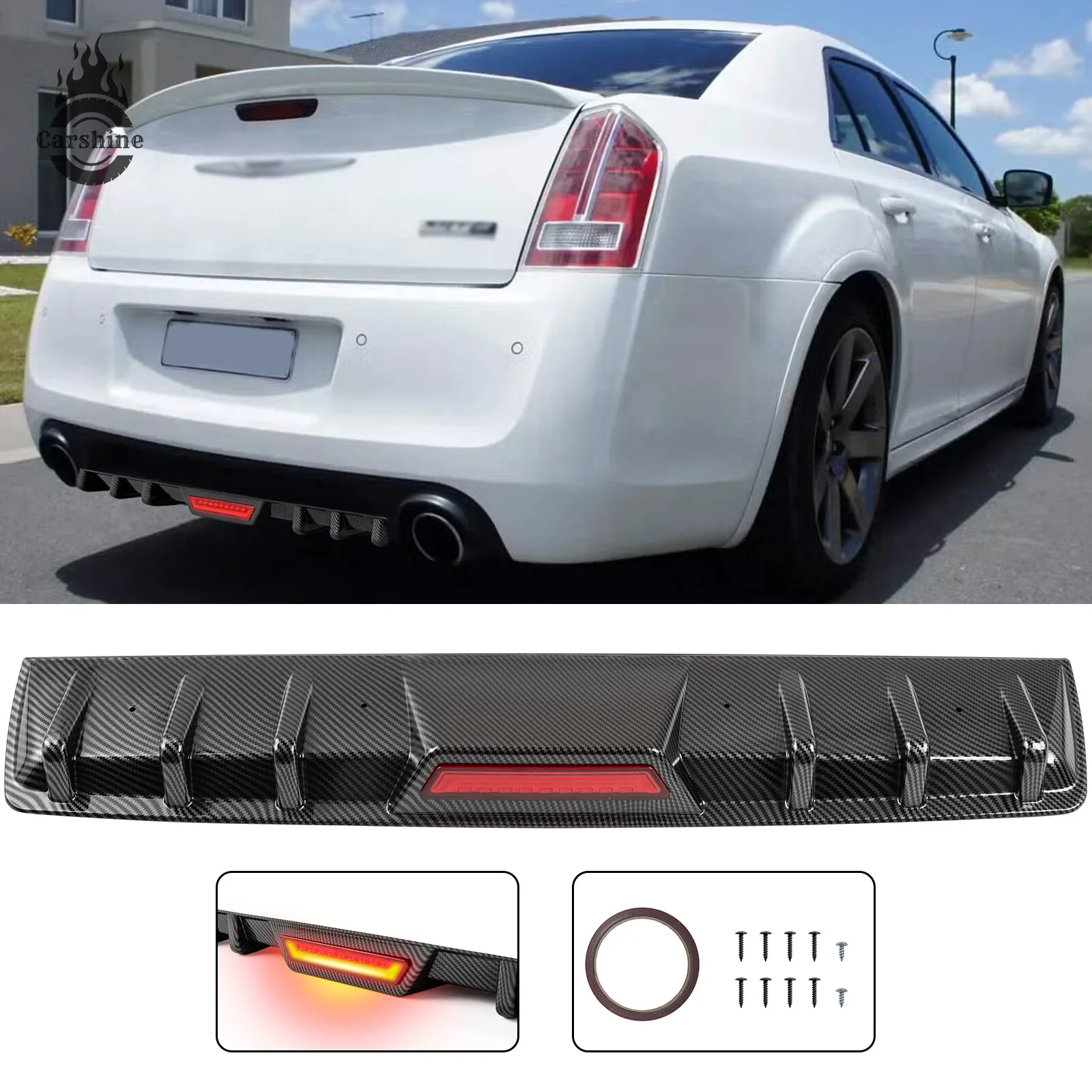 Carbon Fiber Rear Bumper Diffuser with 6 Shark Fins & LED Brake Light for Chrysler 300 – Aggressive Look
Carbon Fiber Rear Bumper Diffuser with 6 Shark Fins & LED Brake Light for Chrysler 300 – Aggressive Look
