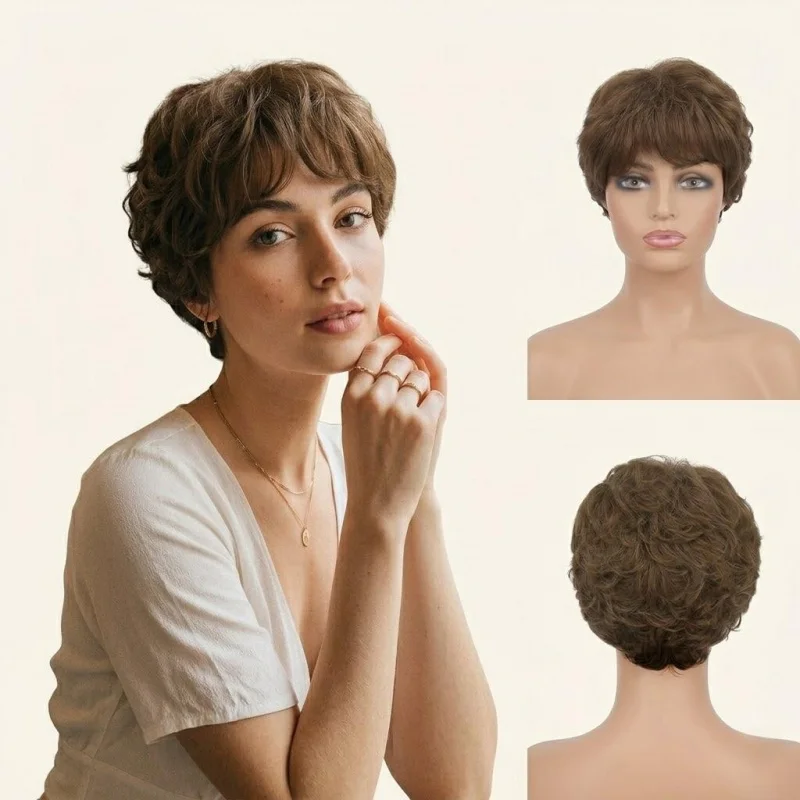 Medium brown layered pixie synthetic wig, heat resistant fiber. Natural short cut, fit daily and costume wear for women.
Medium brown layered pixie synthetic wig, heat resistant fiber. Natural short cut, fit daily and costume wear for women.