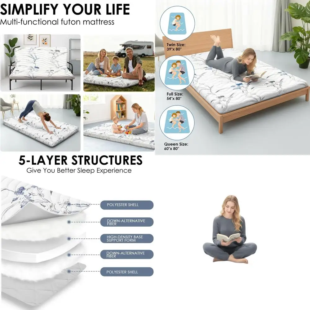 Portable 3.5 Thick Floral Pattern Futon Mattress, High-Density Foam Tatami, White Twin for Camping, Guest Rooms, Dorms, RVs
Portable 3.5 Thick Floral Pattern Futon Mattress, High-Density Foam Tatami, White Twin for Camping, Guest Rooms, Dorms, RVs