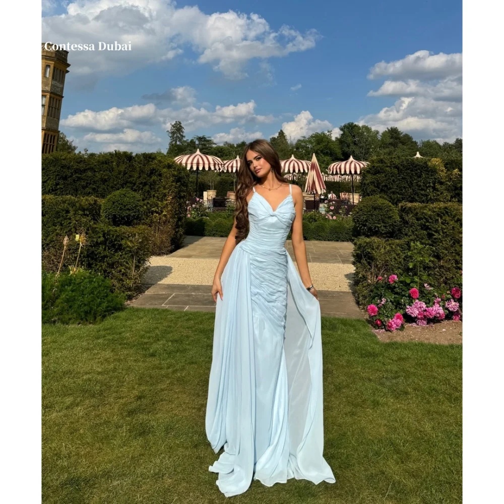 Contessa Dubai Spaghetti Strap Sheath Pleated Prom Dresses Sky Blue Sweetheart Neck فساتين سهرات Floor-Length robes de soirée
Contessa Dubai Spaghetti Strap Sheath Pleated Prom Dresses Sky Blue Sweetheart Neck فساتين سهرات Floor-Length robes de soirée