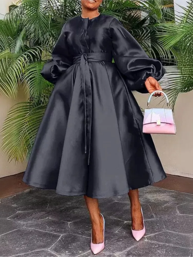 Satin Puff Sleeve Evening Dresses For Women Pleated A-Line Round Neck Elegant Party Club Casual Solid Midi Dress With Belt 2025
Satin Puff Sleeve Evening Dresses For Women Pleated A-Line Round Neck Elegant Party Club Casual Solid Midi Dress With Belt 2025