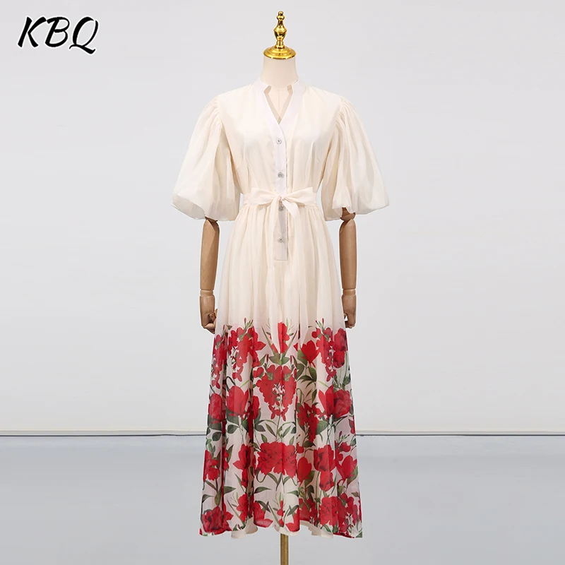 KBQ Hit Color Printing Tunic Long Dress for Women Stand Collar Puff Sleeve High Waist Spliced Lace Up Temperament Dresses Female
KBQ Hit Color Printing Tunic Long Dress for Women Stand Collar Puff Sleeve High Waist Spliced Lace Up Temperament Dresses Female
