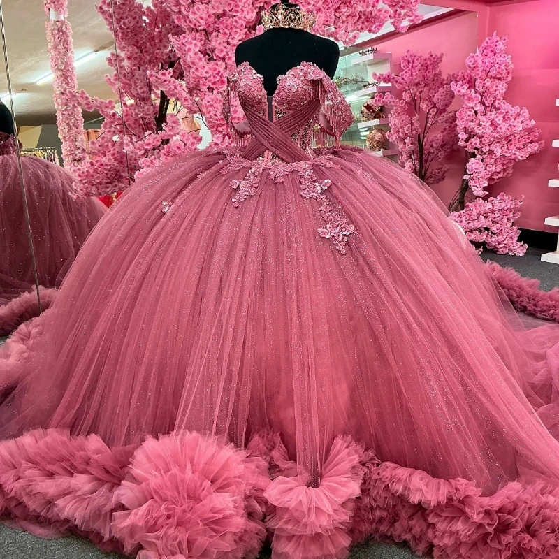 Customized Pink Shiny Princess Ball Gown Quinceanera Dresses Off Shoulder Applique Beading Tull Tiered Corset Sweet 16 Dress Pag
Customized Pink Shiny Princess Ball Gown Quinceanera Dresses Off Shoulder Applique Beading Tull Tiered Corset Sweet 16 Dress Pag