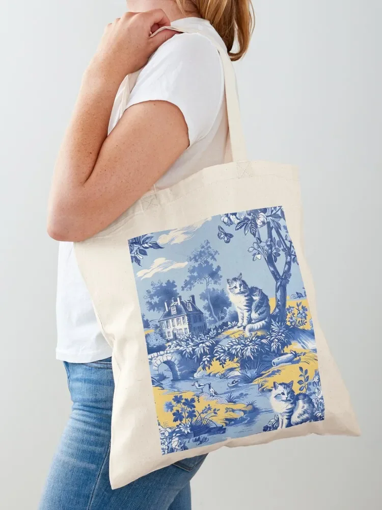 Whimsical cats French toile de jouy in blue and yellow Tote Bag bag luxury women Women's handbag Canvas stote bag
Whimsical cats French toile de jouy in blue and yellow Tote Bag bag luxury women Women's handbag Canvas stote bag