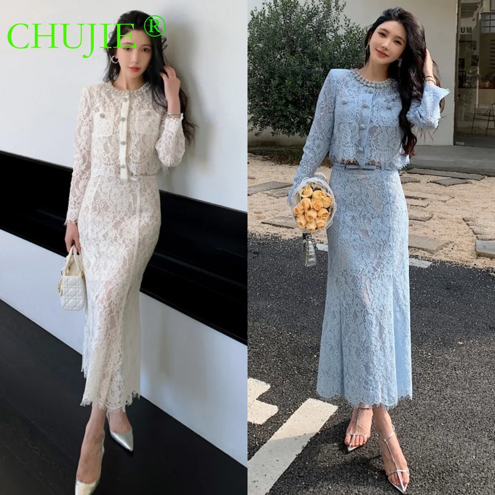 CHUJIE 2026 New Style White + Blue: Elegant Diamond-Embellished Lace Long-Sleeve Top Cardigan + Mermaid Hem Skirt Two-Piece Set
CHUJIE 2026 New Style White + Blue: Elegant Diamond-Embellished Lace Long-Sleeve Top Cardigan + Mermaid Hem Skirt Two-Piece Set