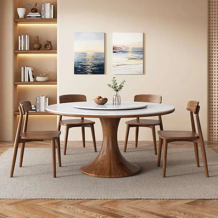 &c Modern Round Dining Table with White Sintered Stone Top, Rotating Tray and Solid Wood Base for Home, Apartment or Villa
&c Modern Round Dining Table with White Sintered Stone Top, Rotating Tray and Solid Wood Base for Home, Apartment or Villa
