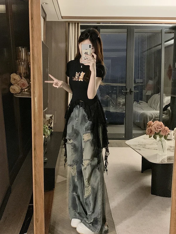 Retro Distressed Wide Leg Jeans Women's Loose Slimming Straight Cut Denim Pants Summer New Style plus Size MM Blue Color
Retro Distressed Wide Leg Jeans Women's Loose Slimming Straight Cut Denim Pants Summer New Style plus Size MM Blue Color