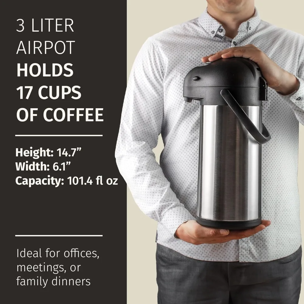 Coffee Carafe with Pump - 102oz / 3L Airpot 12 Hours Large Hot Water Carafe, Cocoa Dispenser for Parties - Tea Flask
Coffee Carafe with Pump - 102oz / 3L Airpot 12 Hours Large Hot Water Carafe, Cocoa Dispenser for Parties - Tea Flask