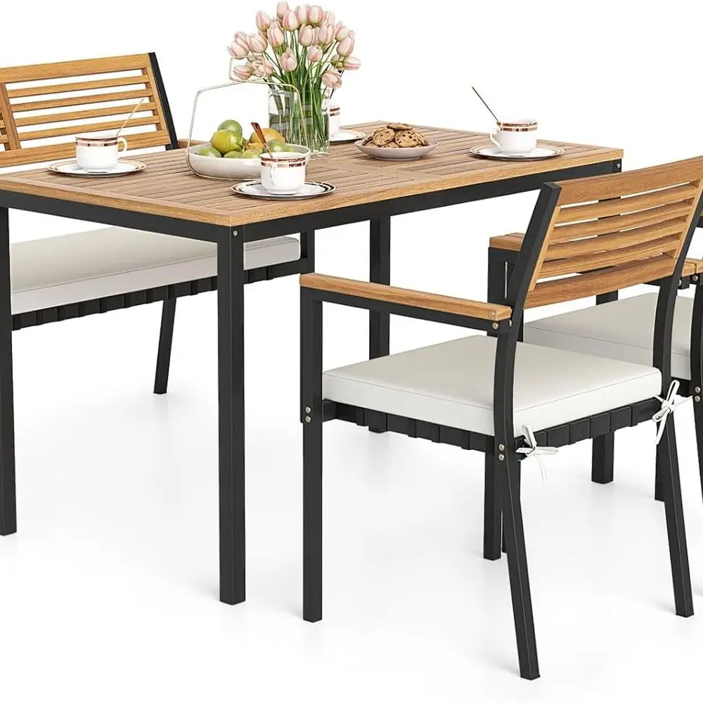 Комплект для уличной обеденной зоны из 4 предметов: стол и 2 стула из акации и металла, с отверстием для зонта, для патио, сада, двора
Комплект для уличной обеденной зоны из 4 предметов: стол и 2 стула из акации и металла, с отверстием для зонта, для патио, сада, двора