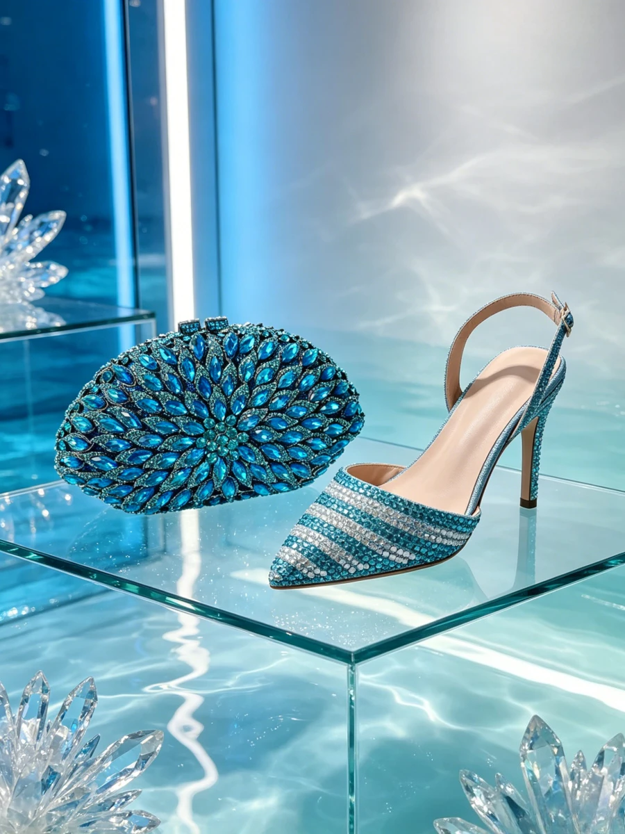 Lake Blue Floral Oval Crystal Clutch Matching Gradient Striped Rhinestone Slingback Heels Women Runway Evening Party Shoes Set
Lake Blue Floral Oval Crystal Clutch Matching Gradient Striped Rhinestone Slingback Heels Women Runway Evening Party Shoes Set