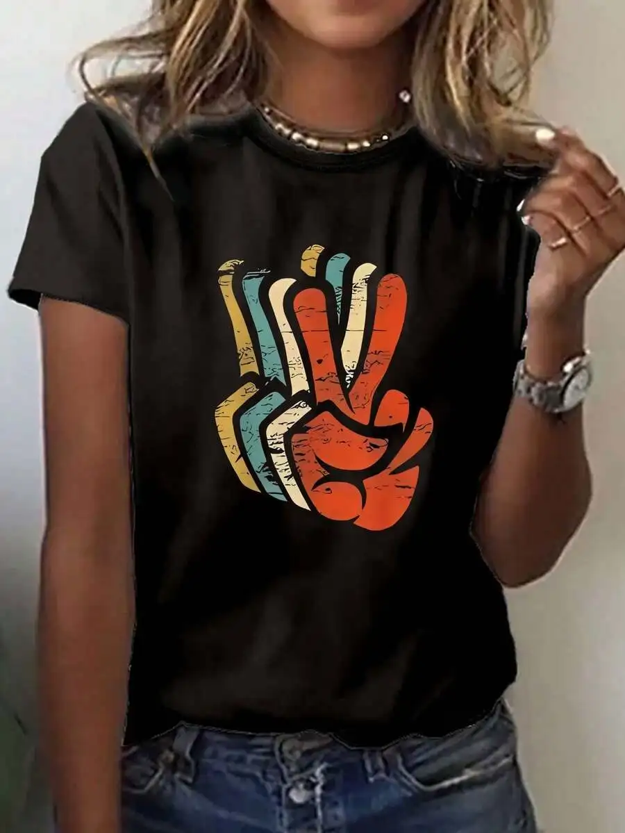 Womens Casual Short Sleeve Round Neck T-Shirt With Colorful Gesture Print Polyester
Womens Casual Short Sleeve Round Neck T-Shirt With Colorful Gesture Print Polyester