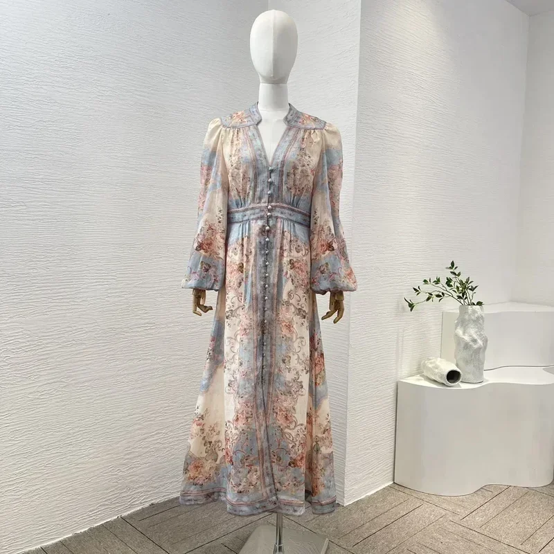 New High Quality Linen Elegant Long Lantern Sleeve Floral Print Waist Women Re-tro Midi Dress
New High Quality Linen Elegant Long Lantern Sleeve Floral Print Waist Women Re-tro Midi Dress