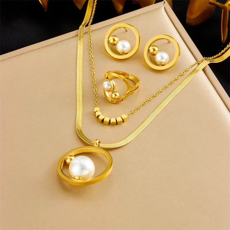 Stainless Steel Round with Pearl Necklace Ring Earrings For Women Girl Multy-Layer Choker Jewelry Set Birthday Gift
Stainless Steel Round with Pearl Necklace Ring Earrings For Women Girl Multy-Layer Choker Jewelry Set Birthday Gift
