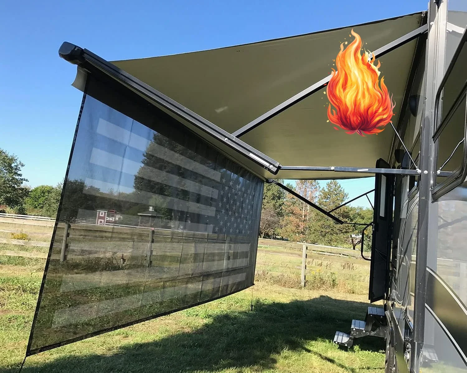 RV Awning Sun Shade Screen 8' X 15' 3'' (American Flag) Black Mesh Sunshade Camper Trailer Awning Shade Screen UV Blocker
RV Awning Sun Shade Screen 8' X 15' 3'' (American Flag) Black Mesh Sunshade Camper Trailer Awning Shade Screen UV Blocker