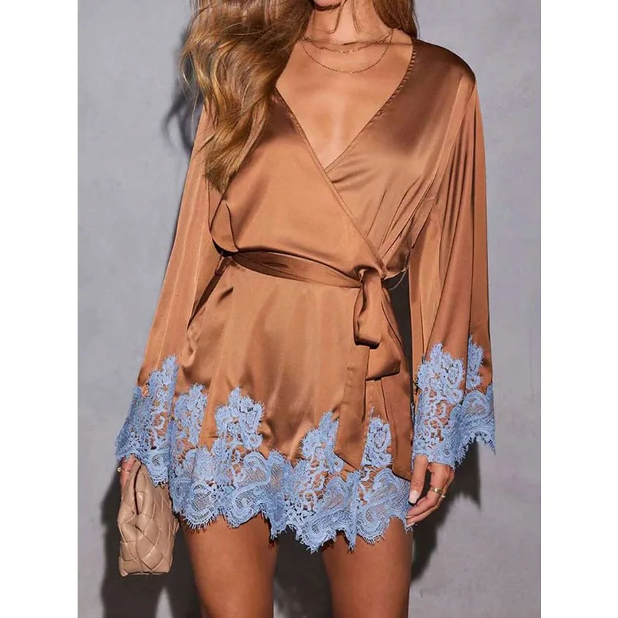 【New style】Women Satin Silky Mini Dress Elegant Lace Trim V Neck Long Sleeve Short Dress Y2K Contrast Color Tie Waist Wrap Kimo
【New style】Women Satin Silky Mini Dress Elegant Lace Trim V Neck Long Sleeve Short Dress Y2K Contrast Color Tie Waist Wrap Kimo