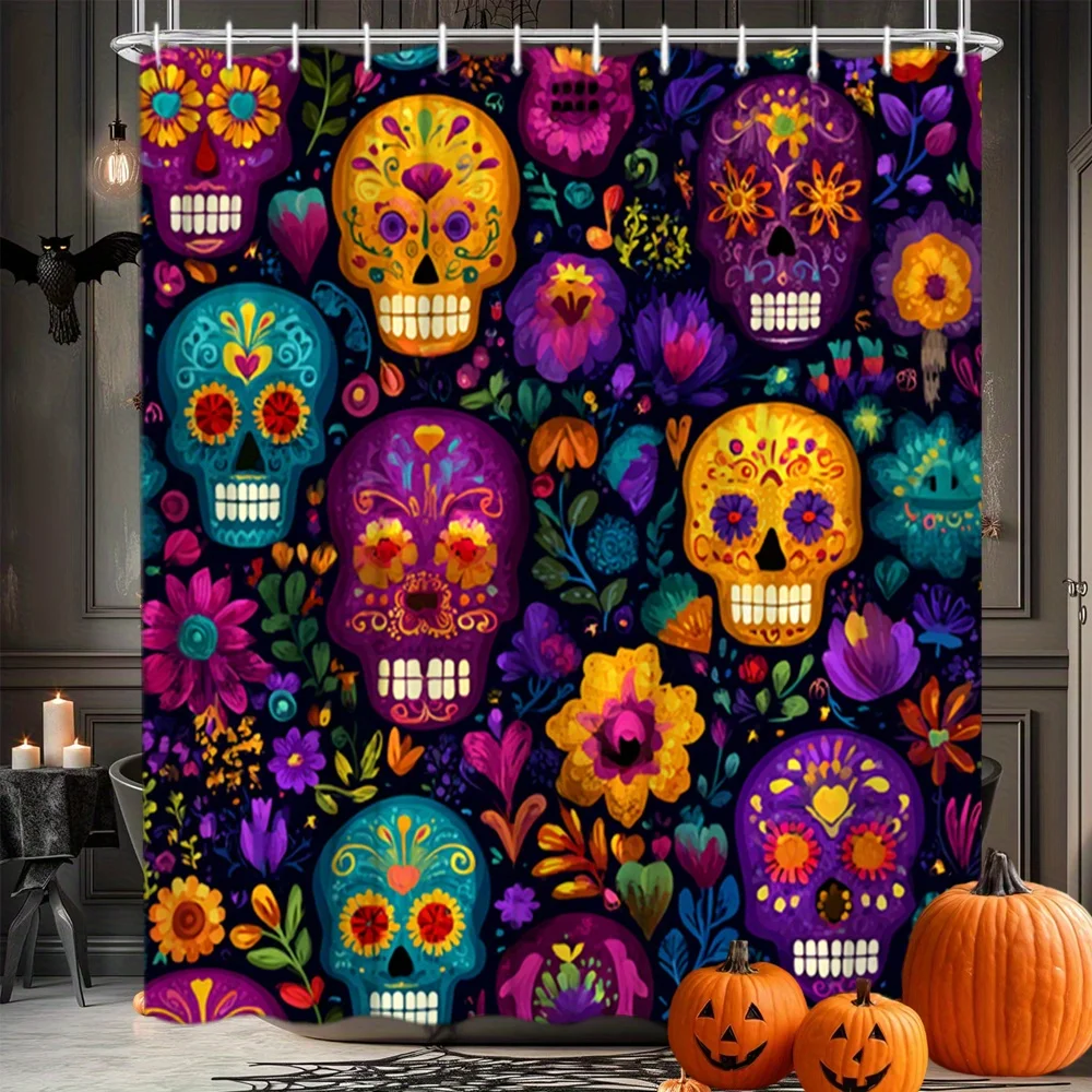 Яркая занавеска для душа «День мертвых» — сахарный череп и цветочный дизайн, полиэфирная ткань
Яркая занавеска для душа «День мертвых» — сахарный череп и цветочный дизайн, полиэфирная ткань