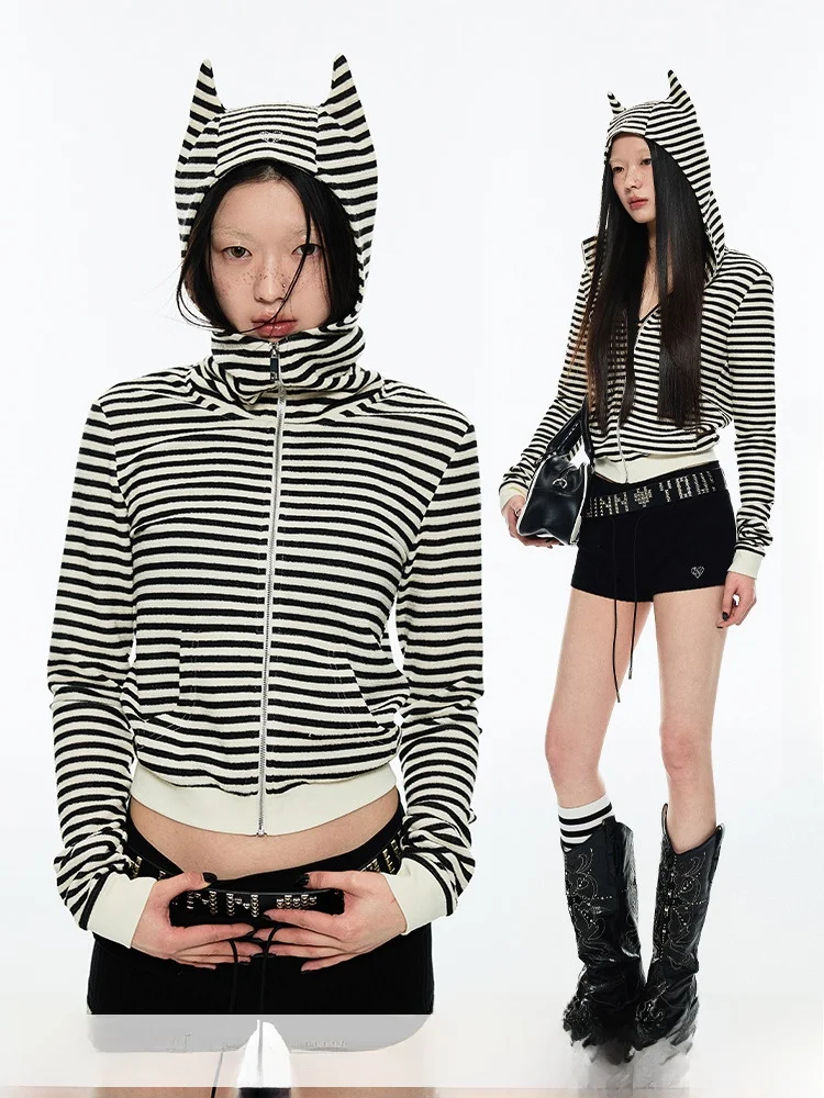 Sweet Cool Striped Sweatirt Devil Horn Open Cardigan mid ort Sle Slimming Hot Girl Top Polyester Viscose Spandex Blend
Sweet Cool Striped Sweatirt Devil Horn Open Cardigan mid ort Sle Slimming Hot Girl Top Polyester Viscose Spandex Blend