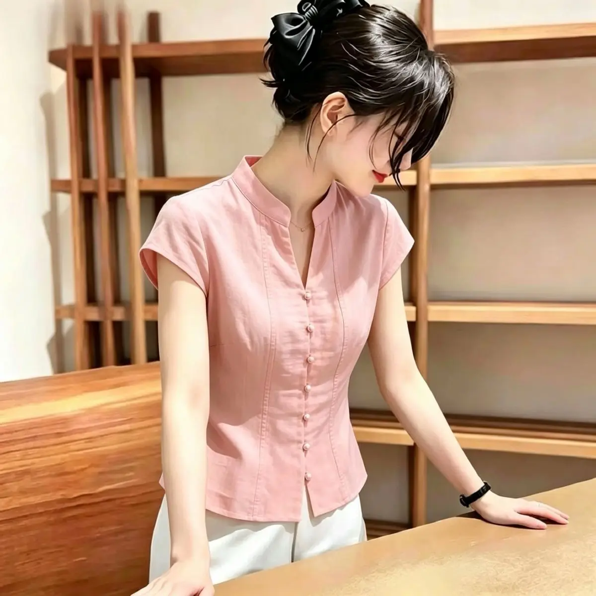 Retro Anti-Aging Pink Miniature Shirt Women Summer Waist-Cinching Design High-End Short Sleeve Top Cute Style Polyester Fiber
Retro Anti-Aging Pink Miniature Shirt Women Summer Waist-Cinching Design High-End Short Sleeve Top Cute Style Polyester Fiber