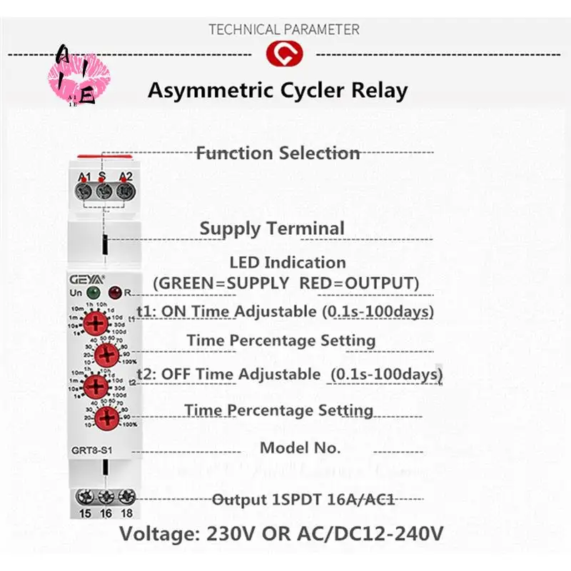 A11E-GEYA GRT8-S Asymmetric Cycle Timer Relay SPDT 16A Electronic Repeat Relay, GRT8-S1
A11E-GEYA GRT8-S Asymmetric Cycle Timer Relay SPDT 16A Electronic Repeat Relay, GRT8-S1