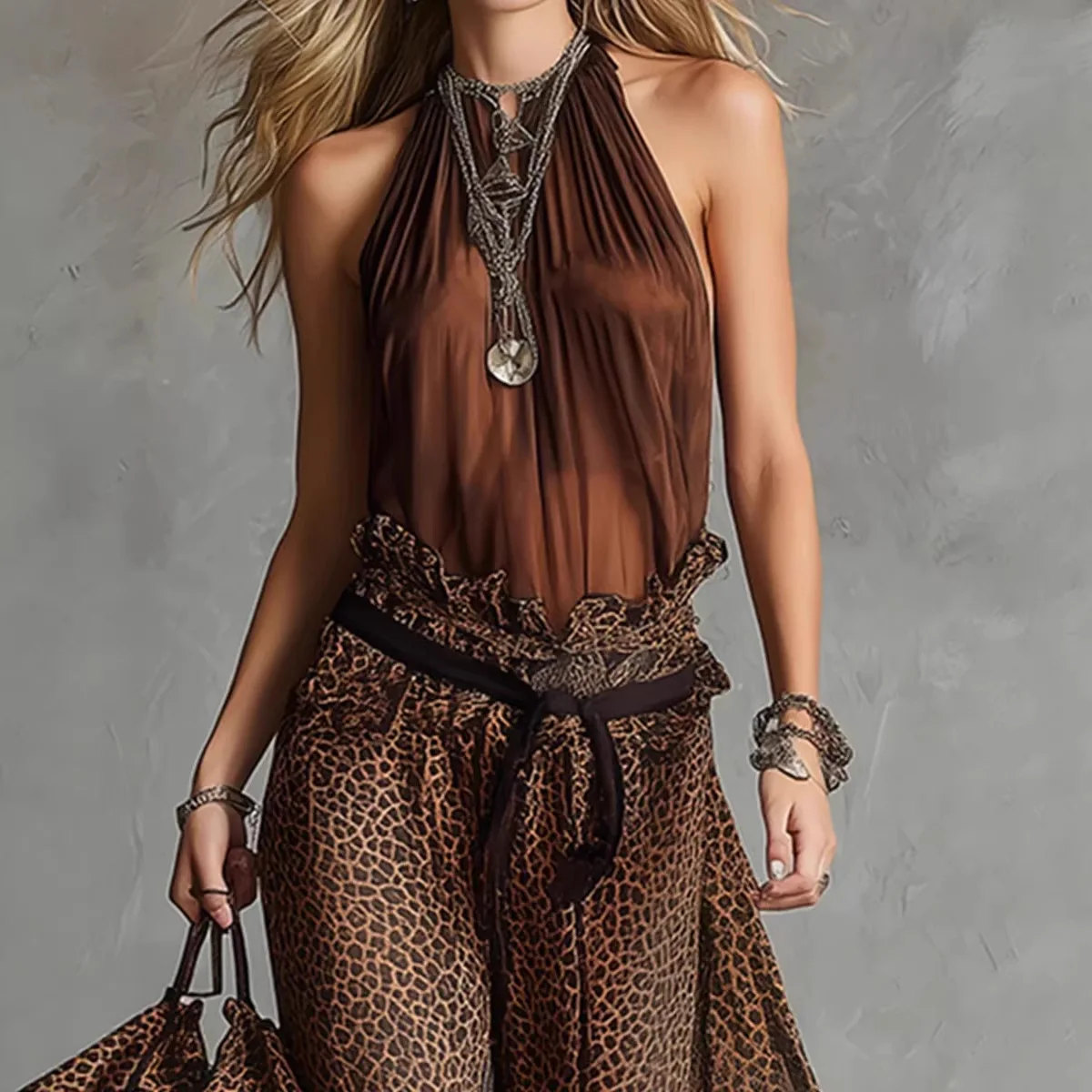Boho 2 Piece Outfit: Sheer Halter Neck Top & Leopard Print Wide Leg Pants, Flowy Chiffon Set for Festivals & Parties
Boho 2 Piece Outfit: Sheer Halter Neck Top & Leopard Print Wide Leg Pants, Flowy Chiffon Set for Festivals & Parties