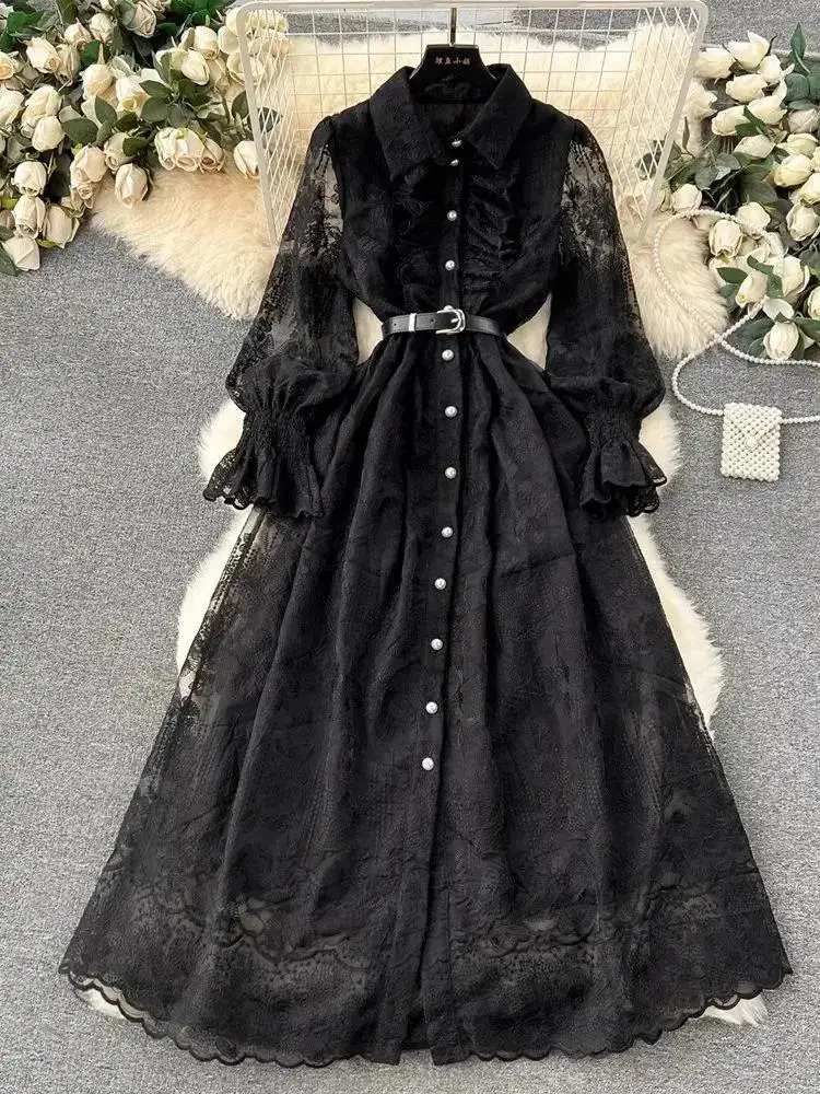 Women's Ruffles Pearls Single Breasted Belt Dress French Elegant Organza Mesh Lace Flower Embroidery Evening Party Vestidos
Women's Ruffles Pearls Single Breasted Belt Dress French Elegant Organza Mesh Lace Flower Embroidery Evening Party Vestidos