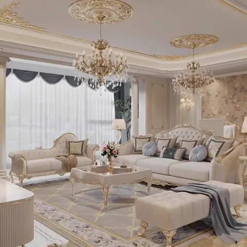 Sofá francés ligero de lujo con flores talladas en madera maciza para sala de estar, estilo palaciego, muebles artísticos de villa de alta gama, sofá combinado de tela