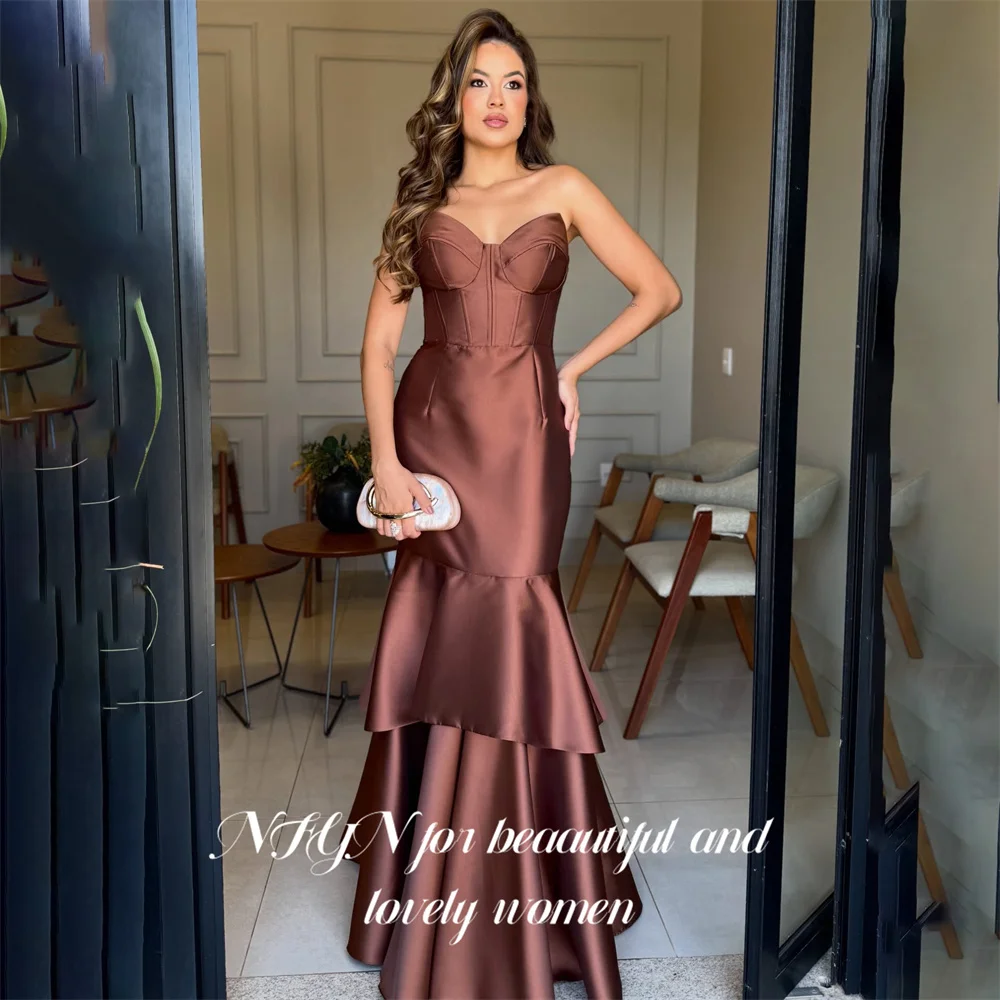 NFYN Brown Satin Prom Dresses Strapless Sleeveless Mermaid Evening Dresses Layered Party Dress Robe De Soirée Customized
NFYN Brown Satin Prom Dresses Strapless Sleeveless Mermaid Evening Dresses Layered Party Dress Robe De Soirée Customized