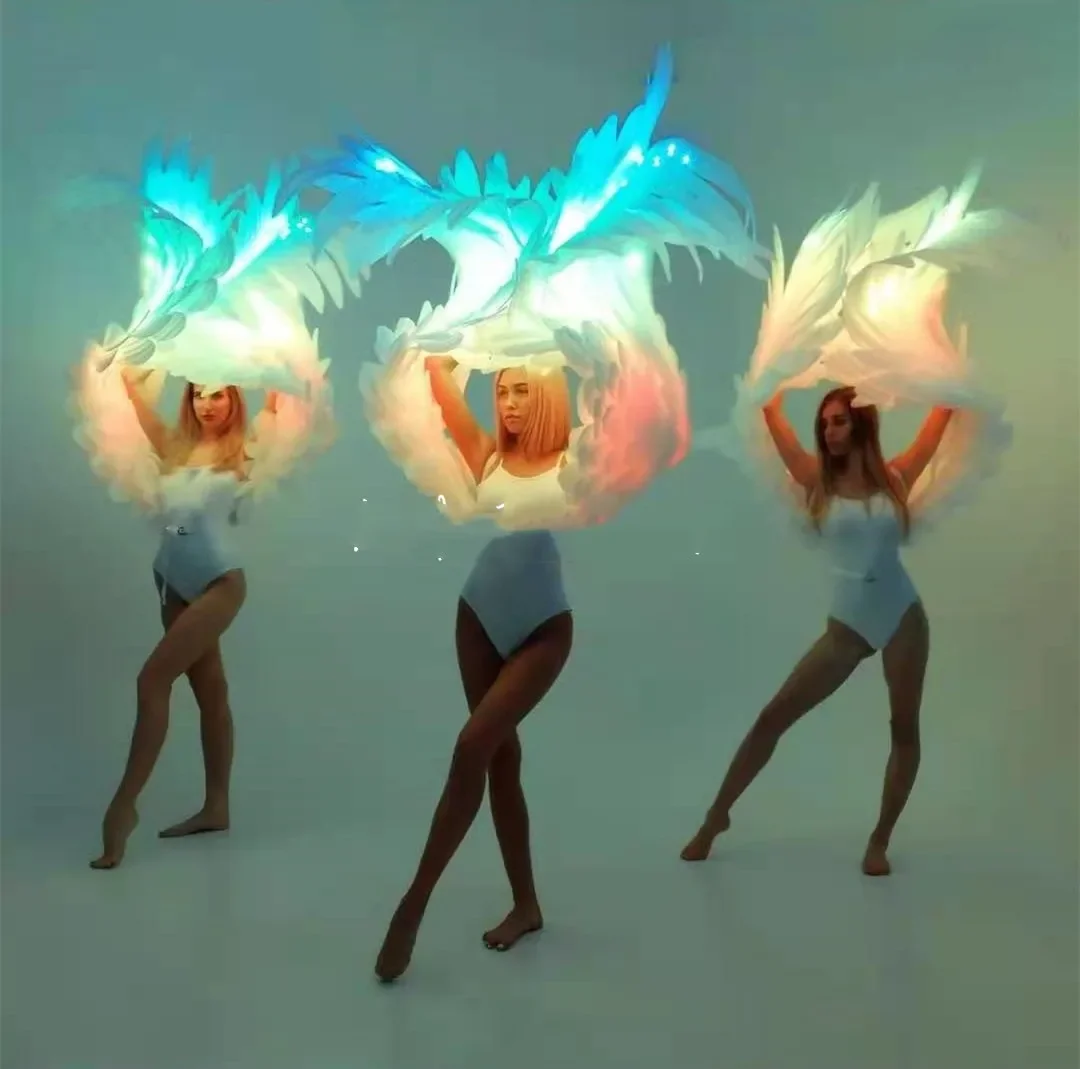 Dress, white gradient luminous feathers, big wings, atmosphere party of female gogods Dance Company.
Dress, white gradient luminous feathers, big wings, atmosphere party of female gogods Dance Company.
